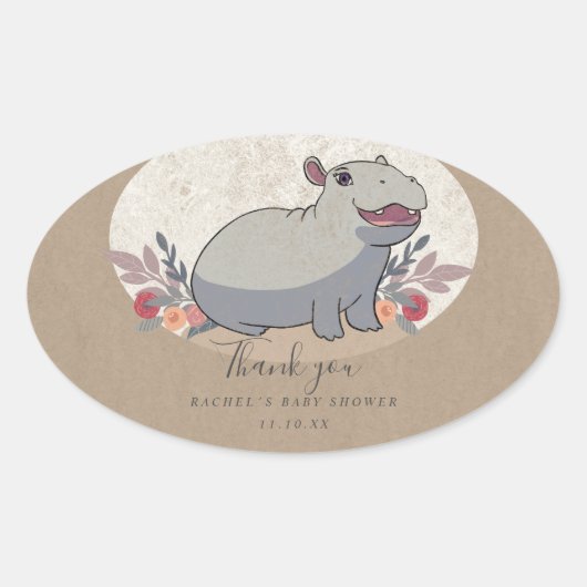 Rustic baby hippo baby shower bedankt ovale sticker (Voorkant)