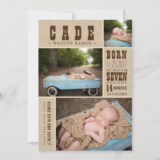 Rustic Baby Mededelingen - Jongen geboorteaankondi Aankondiging (Achterkant)