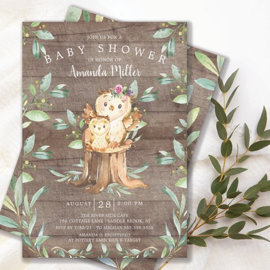 Rustic Baby Owl and Mam Baby shower Kaart
