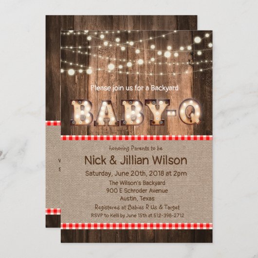 Rustic Baby Q BBQ Baby shower Uitnodiging (Voorkant / Achterkant)
