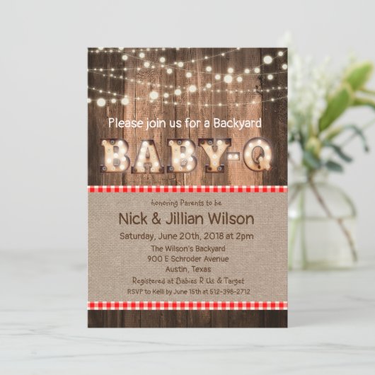 Rustic Baby Q BBQ Baby shower Uitnodiging (Staand voorkant)