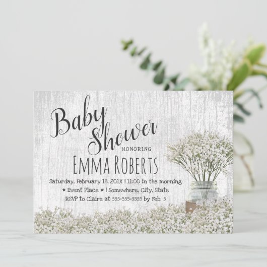 Rustic Baby shower Baby's Breath Mason Jar Floral Kaart (Staand voorkant)
