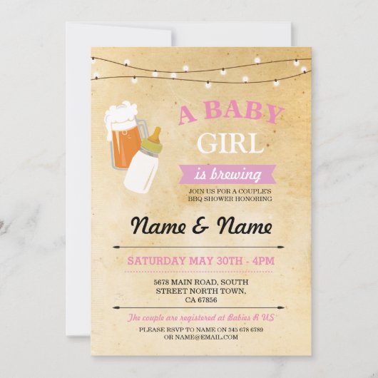Rustic Baby shower Girl Brewing Pink BBQ Uitnodige Kaart (Voorkant)