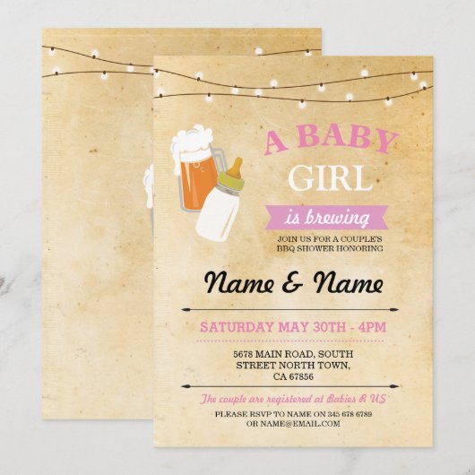 Rustic Baby shower Girl Brewing Pink BBQ Uitnodige Kaart (Voorkant / Achterkant)