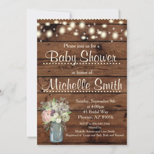Rustic Baby shower Invitation, Mason Jar, Floral Kaart (Voorkant)