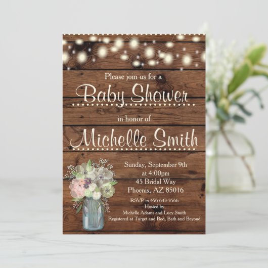 Rustic Baby shower Invitation, Mason Jar, Floral Kaart (Staand voorkant)