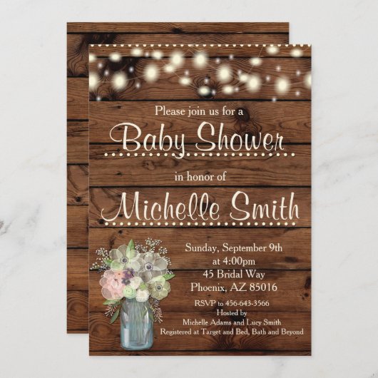 Rustic Baby shower Invitation, Mason Jar, Floral Kaart (Voorkant / Achterkant)