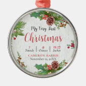 Rustic Baby's 1st Christmas Geboortegegevens Metalen Ornament (Voorkant)