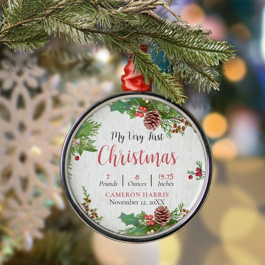 Rustic Baby's 1st Christmas Geboortegegevens Metalen Ornament
