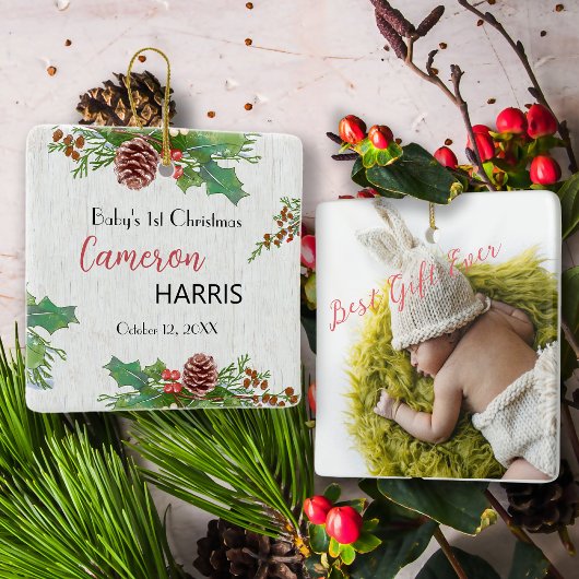 Rustic Baby's 1st Christmas Milestone Foto Keramisch Ornament