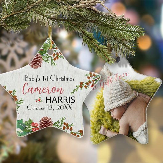 Rustic Baby's 1st Christmas Milestone Foto Keramisch Ornament