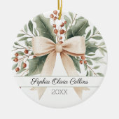 Rustic Baby's 1st Christmas Waterverf Beige Bow Keramisch Ornament (Voorkant)