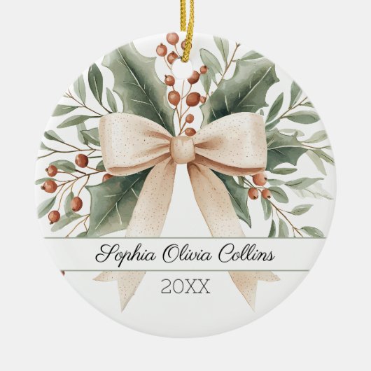 Rustic Baby's 1st Christmas Waterverf Beige Bow Keramisch Ornament (Voorkant)