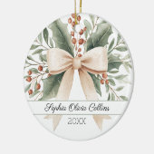 Rustic Baby's 1st Christmas Waterverf Beige Bow Keramisch Ornament (Links)