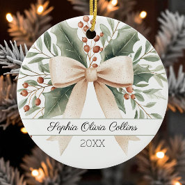 Rustic Baby's 1st Christmas Waterverf Beige Bow Keramisch Ornament