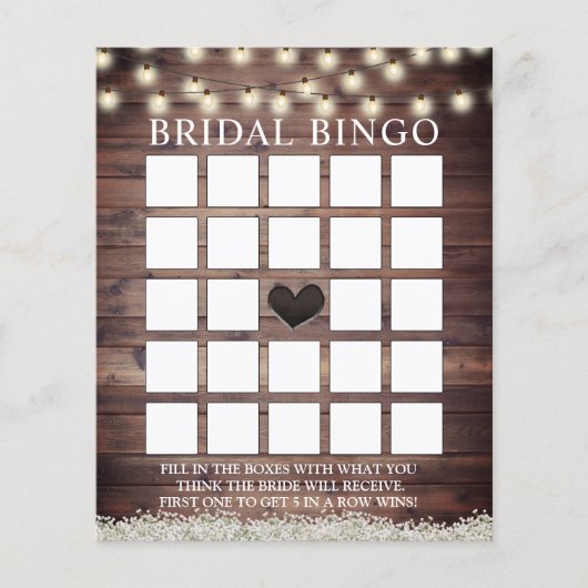 Rustic Baby's Breath Barn Wood Bridal Bingo Kaarte (Voorkant)