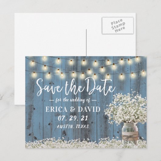Rustic Baby's Breath Dusty Blue Save the Date Aankondigingskaart (Voorkant / Achterkant)