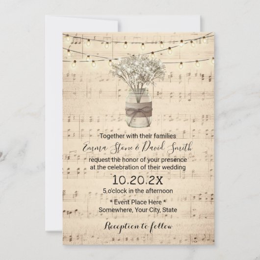 Rustic Baby's Breath Floral Jar Musical Wedding Kaart (Voorkant)