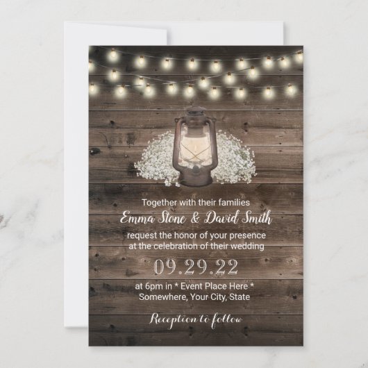 Rustic Baby's Breath Floral Lantern Barn Wedding Kaart (Voorkant)