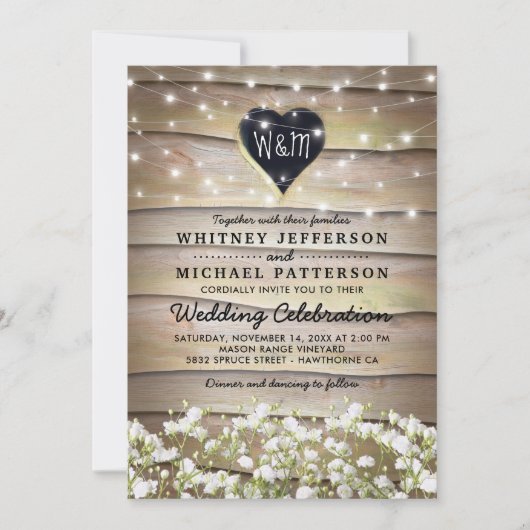 Rustic Baby's Breath Heart Twinkle Wedding Kaart (Voorkant)