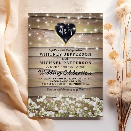 Rustic Baby's Breath Heart Twinkle Wedding Kaart