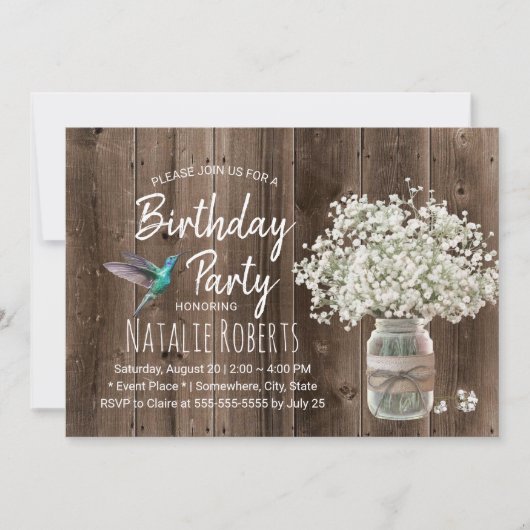 Rustic Baby's Breath Jar & Hummingbird Birthday Kaart (Voorkant)