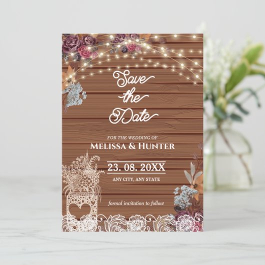 Rustic Baby's Breath Jar Wedding Save the Date Kaart (Staand voorkant)