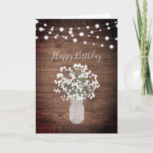 Rustic Baby's Breath Lights Mason Jar Verjaardag Kaart (Voorkant)