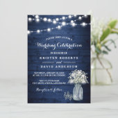 Rustic Baby's Breath Lights Navy Blue Wedding Kaart (Staand voorkant)