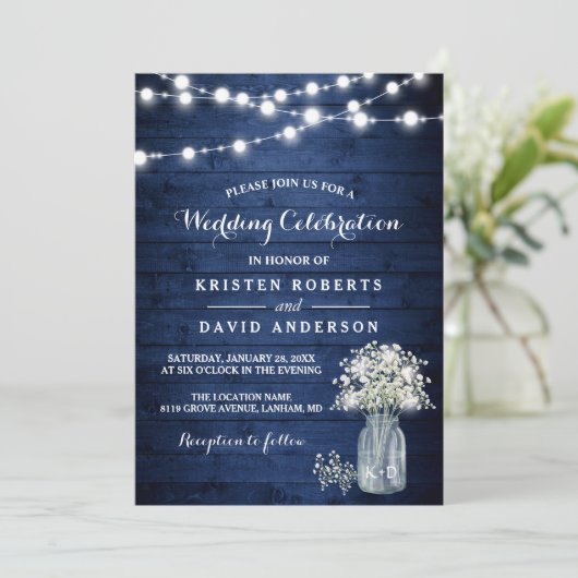 Rustic Baby's Breath Lights Navy Blue Wedding Kaart (Staand voorkant)