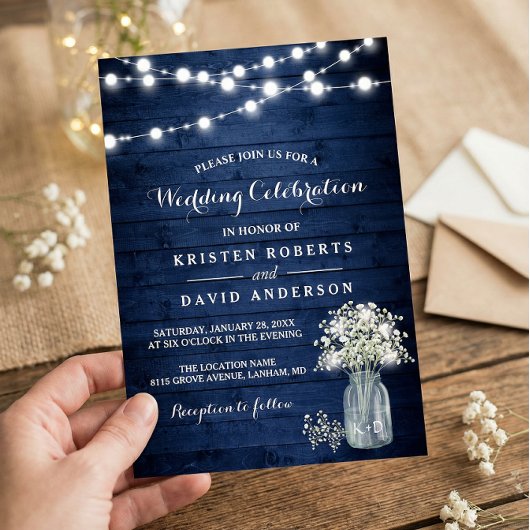 Rustic Baby's Breath Lights Navy Blue Wedding Kaart