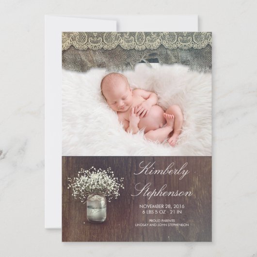 Rustic Baby's Breath Mason Jar Baby Geboortefoto Aankondiging (Voorkant)