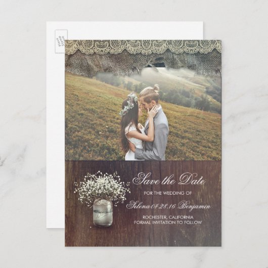 Rustic Baby's Breath Mason Jar Foto Sla de datum o Aankondigingskaart (Voorkant / Achterkant)