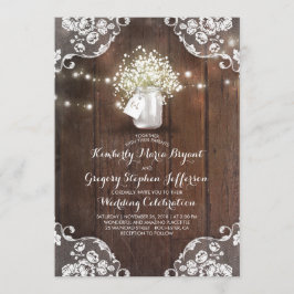 Rustic Baby's Breath Mason Jar Lights Lace Wedding Kaart