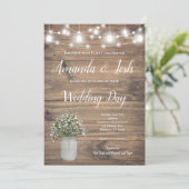 Rustic Babys Breath Mason Jar Lights Wedding Kaart (Staand voorkant)