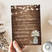 Rustic Baby's Breath Mason Jar Lights Wedding Kaart
