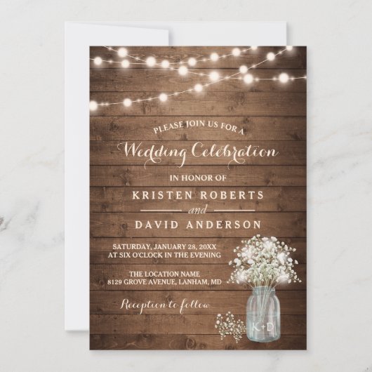 Rustic Baby's Breath Mason Jar Lights Wedding Kaart (Voorkant)