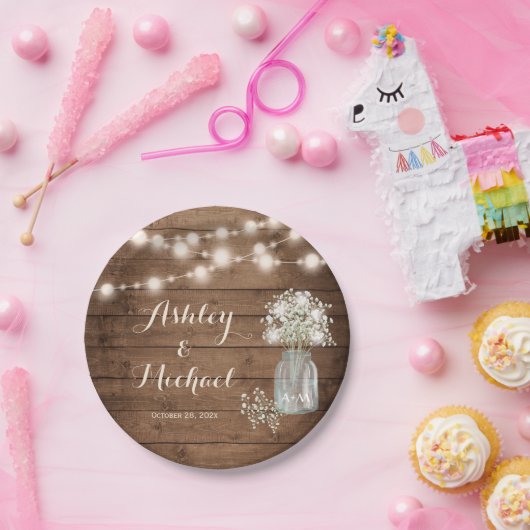 Rustic Baby's Breath Mason Jar Lights Wedding Papieren Bordje (Feest)