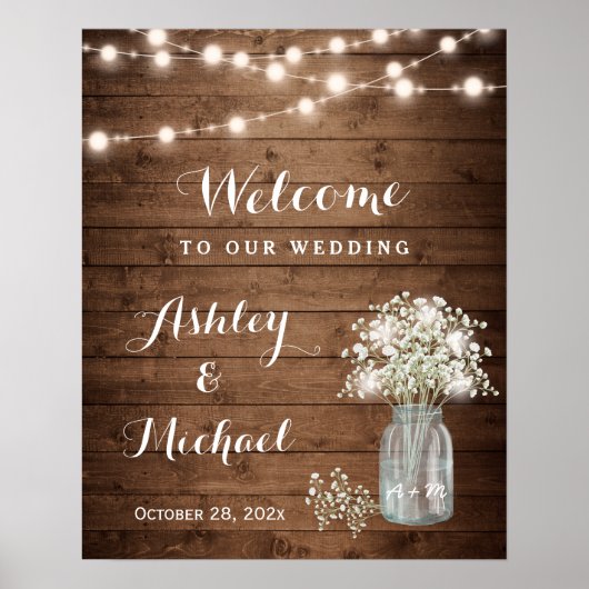 Rustic Baby's Breath Mason Jar Lights Wedding Sign Poster (Voorkant)