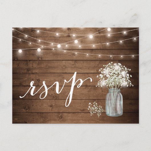 Rustic Baby's Breath Mason Jar String Lights RSVP Uitnodiging Briefkaart (Voorkant)