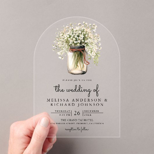 Rustic Baby's Breath Mason Jar Wedding Acryl Uitnodigingen (Insitu (Draagbaar))