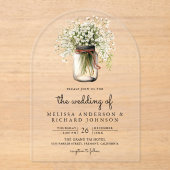 Rustic Baby's Breath Mason Jar Wedding Acryl Uitnodigingen (Voorkant)