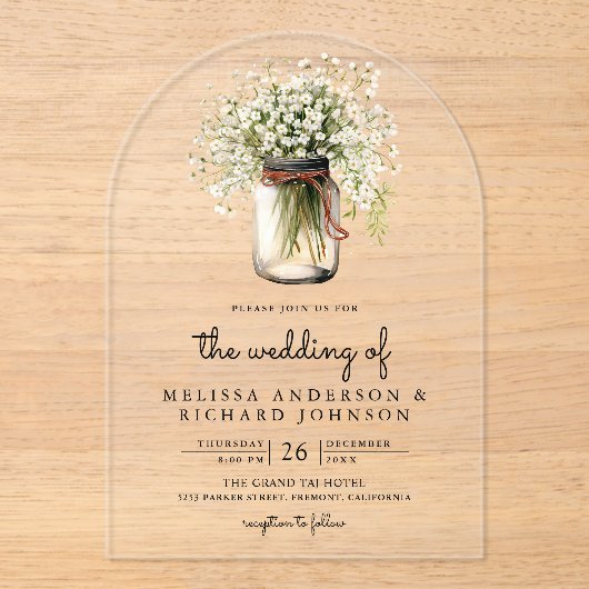 Rustic Baby's Breath Mason Jar Wedding Acryl Uitnodigingen (Voorkant)