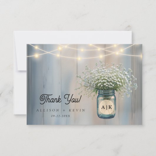 Rustic Baby's Breath Mason Jar Wedding Bedankkaart (Voorkant)