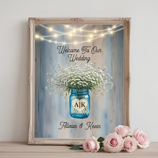 Rustic Baby's Breath Mason Jar Wedding Poster Sign
