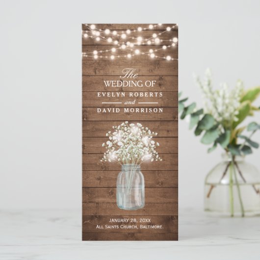 Rustic Baby's Breath Mason Jar Wedding Program Programmakaart (Staand voorkant)
