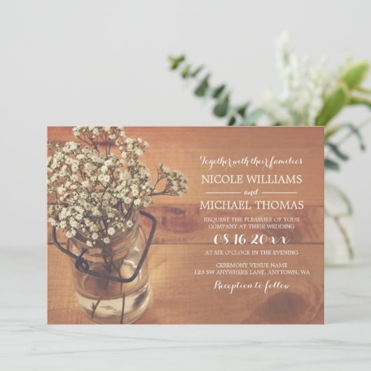 Rustic Baby's Breath Mason Jar Wood Wedding Kaart (Staand voorkant)