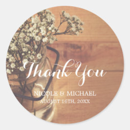 Rustic Baby's Breath Mason Jar Wood Wedding Ronde Sticker