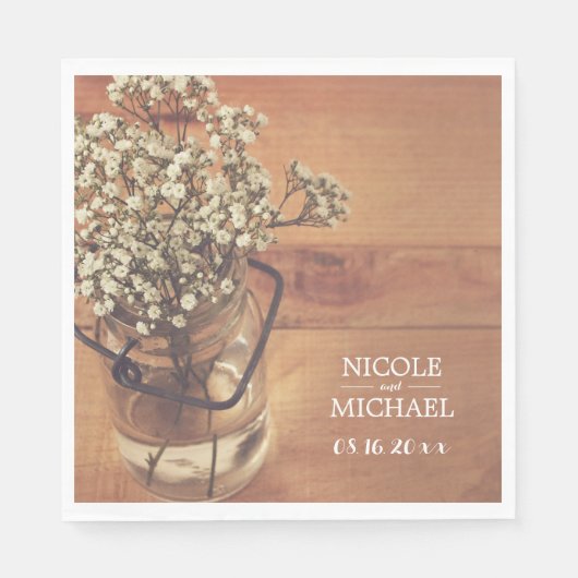 Rustic Baby's Breath Mason Jar Wood Wedding Servet (Voorkant)