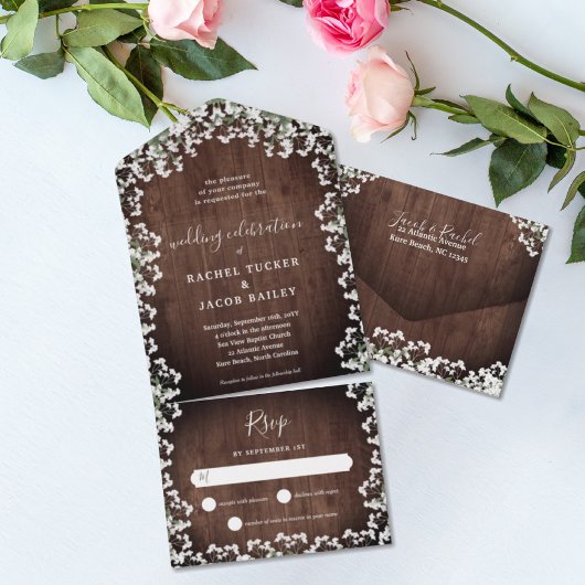 Rustic Baby's Breath on Wood Floral Wedding All In One Uitnodiging